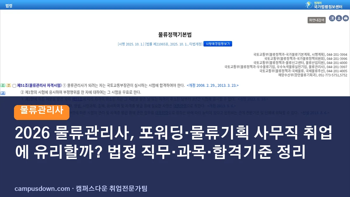 2026 물류관리사, 포워딩·물류기획 사무직 취업에 유리할까? 법정 직무·과목·합격기준 정리