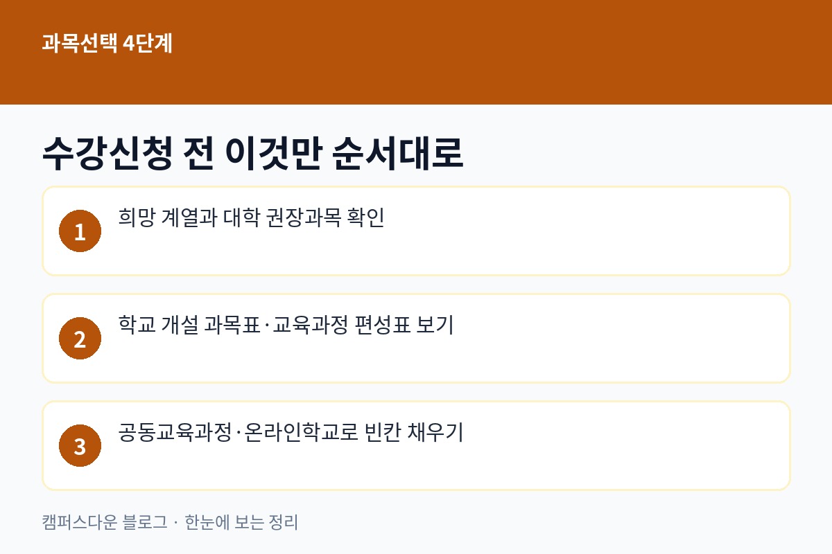 고교학점제 과목선택 4단계 - 희망 계열, 대학 권장과목, 학교 편성표, 공동교육과정 활용