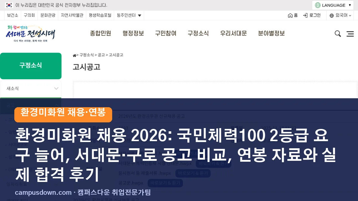 환경미화원 채용 2026: 국민체력100 2등급 요구 늘어, 서대문·구로 공고 비교, 연봉 자료와 실제 합격 후기