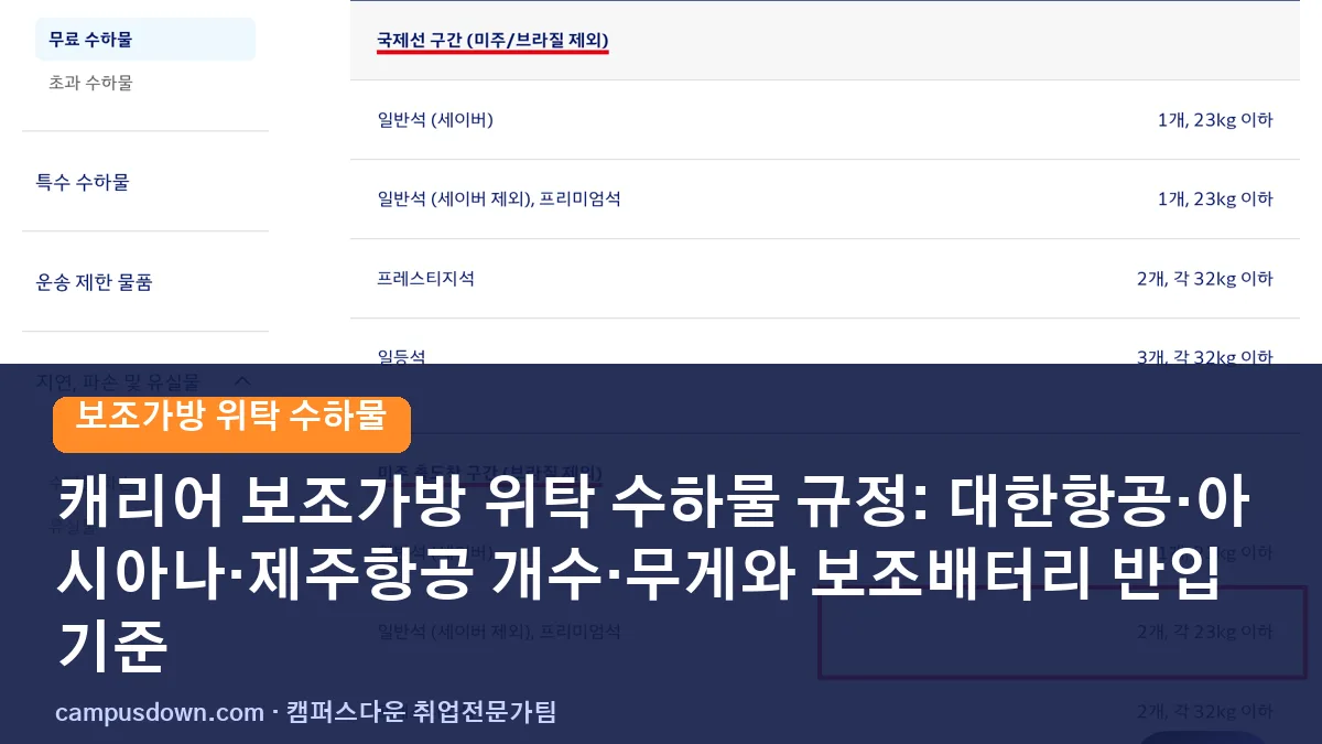 캐리어 보조가방 위탁 수하물 규정: 대한항공·아시아나·제주항공 개수·무게와 보조배터리 반입 기준