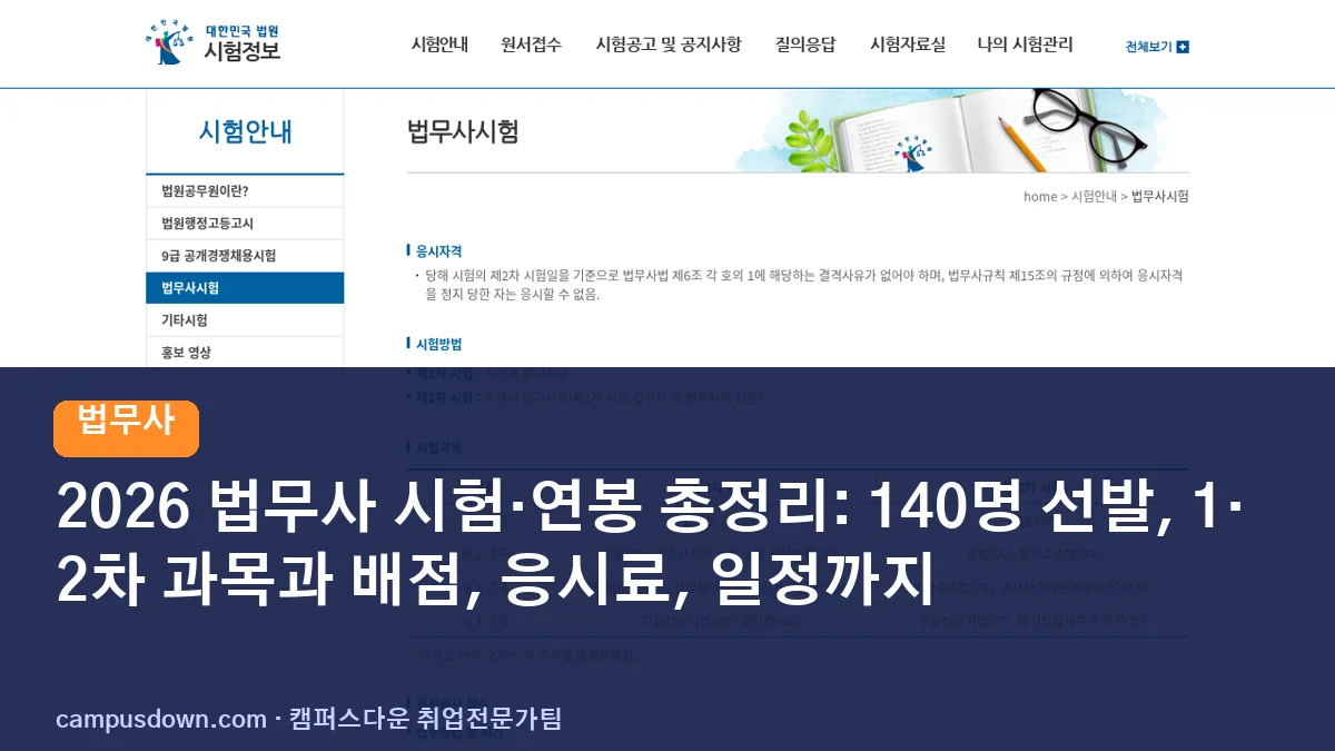 2026 법무사 시험·연봉 총정리: 140명 선발, 1·2차 과목과 배점, 응시료, 일정까지