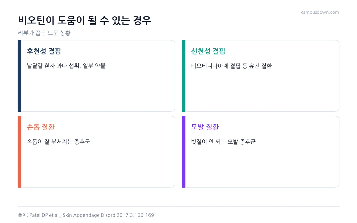 비오틴이 도움이 될 수 있는 후천성 결핍, 선천성 결핍, 손톱 질환, 모발 질환을 정리한 인포그래픽