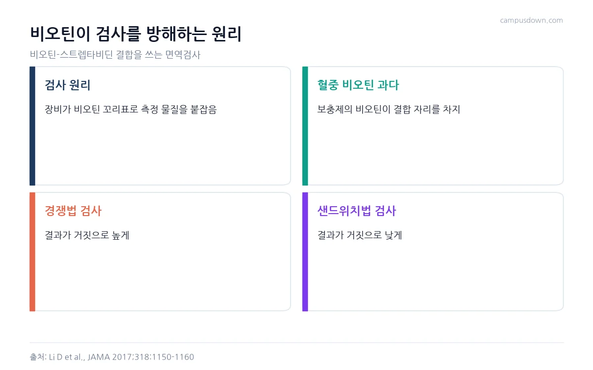비오틴이 면역검사를 방해하는 원리와 경쟁법은 높게, 샌드위치법은 낮게 나오는 차이를 정리한 인포그래픽