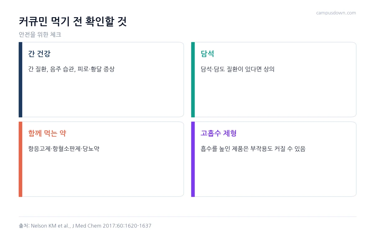 커큐민 복용 전 간 건강, 담석, 복용 약, 고흡수 제형을 점검하는 체크리스트 인포그래픽
