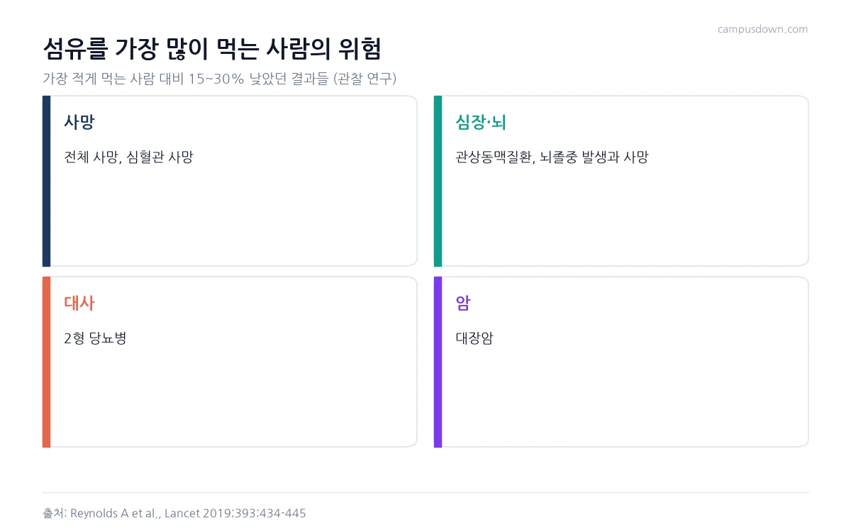 식이섬유를 많이 먹는 사람에서 사망, 심장과 뇌혈관 질환, 2형 당뇨병, 대장암 위험이 15에서 30퍼센트 낮았다는 관찰 결과를 정리한 인포그래픽