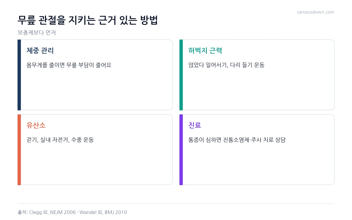 무릎 관절을 지키는 방법으로 체중 관리, 허벅지 근력 운동, 유산소 운동, 진료 상담을 정리한 인포그래픽