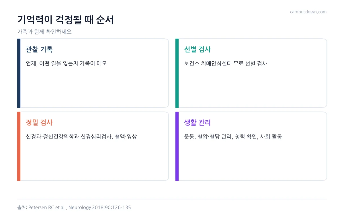 기억력이 걱정될 때 관찰 기록, 치매안심센터 선별 검사, 정밀 검사, 생활 관리 순서를 정리한 인포그래픽