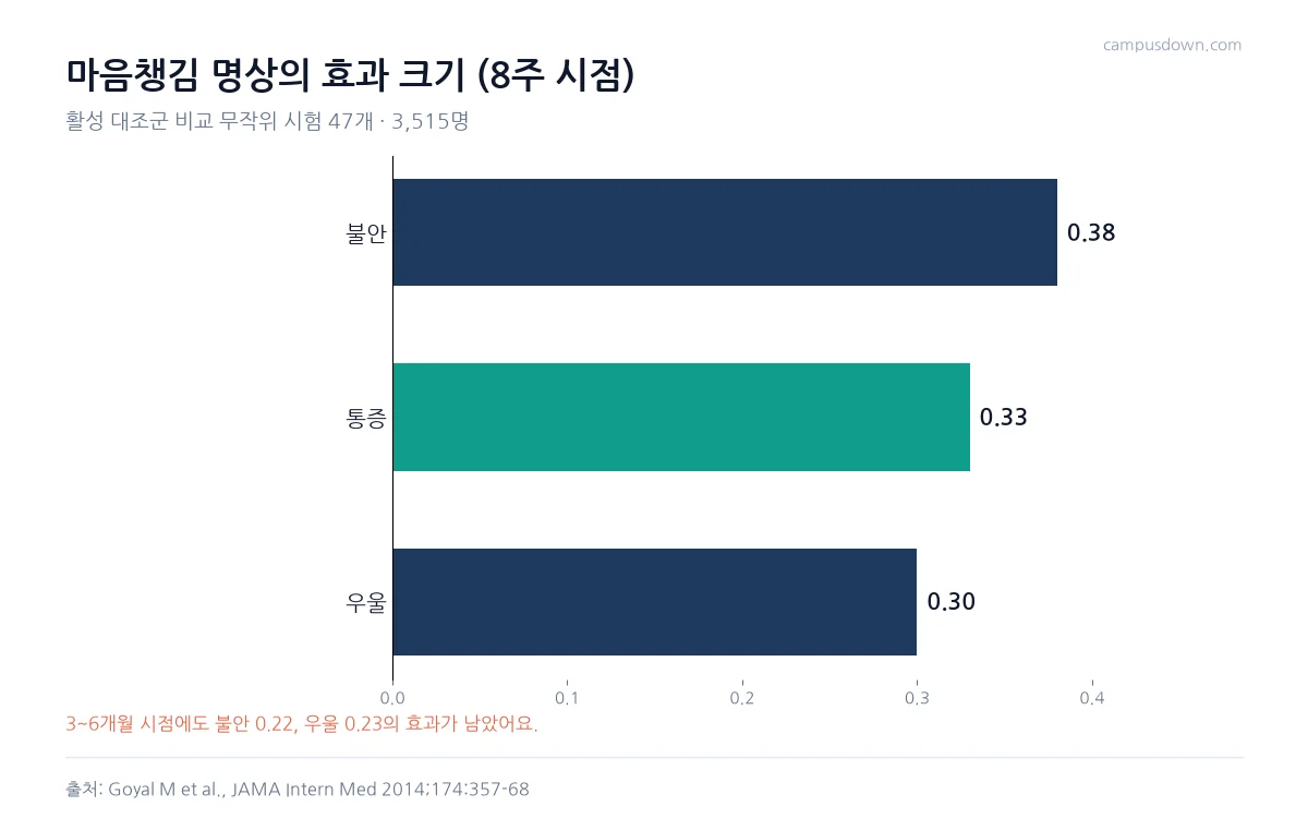 마음챙김 명상 메타분석에서 불안 0.38, 통증 0.33, 우울 0.30의 효과 크기를 보여 주는 막대그래프