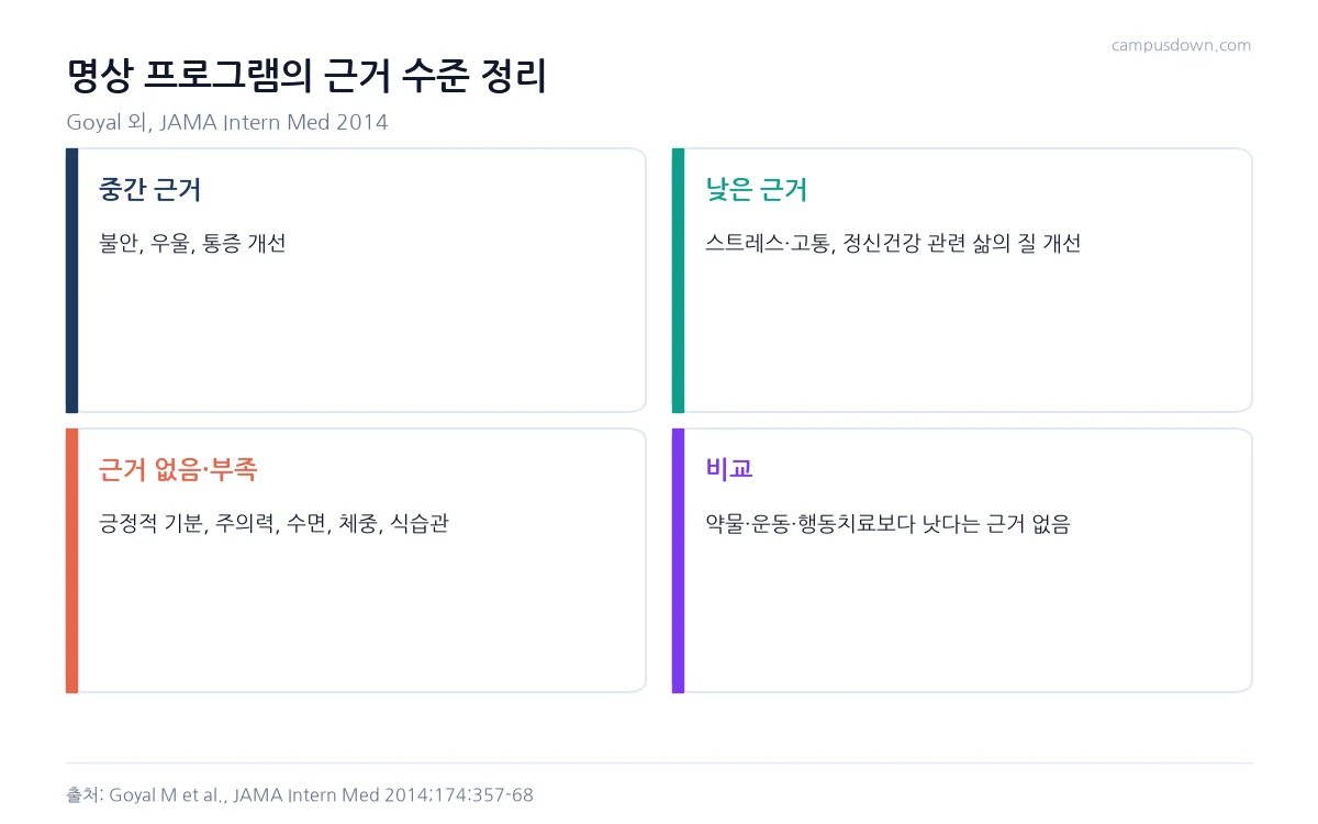 마음챙김 명상의 근거 수준을 중간 근거, 낮은 근거, 근거 없음, 다른 치료와 비교로 나눠 정리한 인포그래픽
