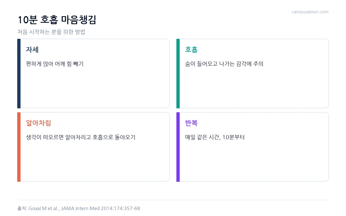 10분 호흡 마음챙김 방법으로 자세, 호흡, 알아차림, 반복을 정리한 인포그래픽