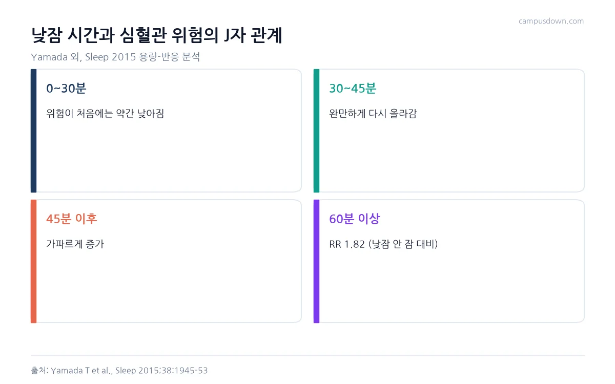 낮잠 시간이 0에서 30분일 때 위험이 낮아지고 45분 이후 가파르게 증가하는 J자 관계를 단계별로 정리한 인포그래픽