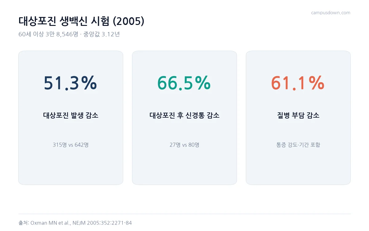 2005년 대상포진 생백신 시험에서 대상포진 발생 51.3퍼센트, 대상포진 후 신경통 66.5퍼센트, 질병 부담 61.1퍼센트 감소를 정리한 카드