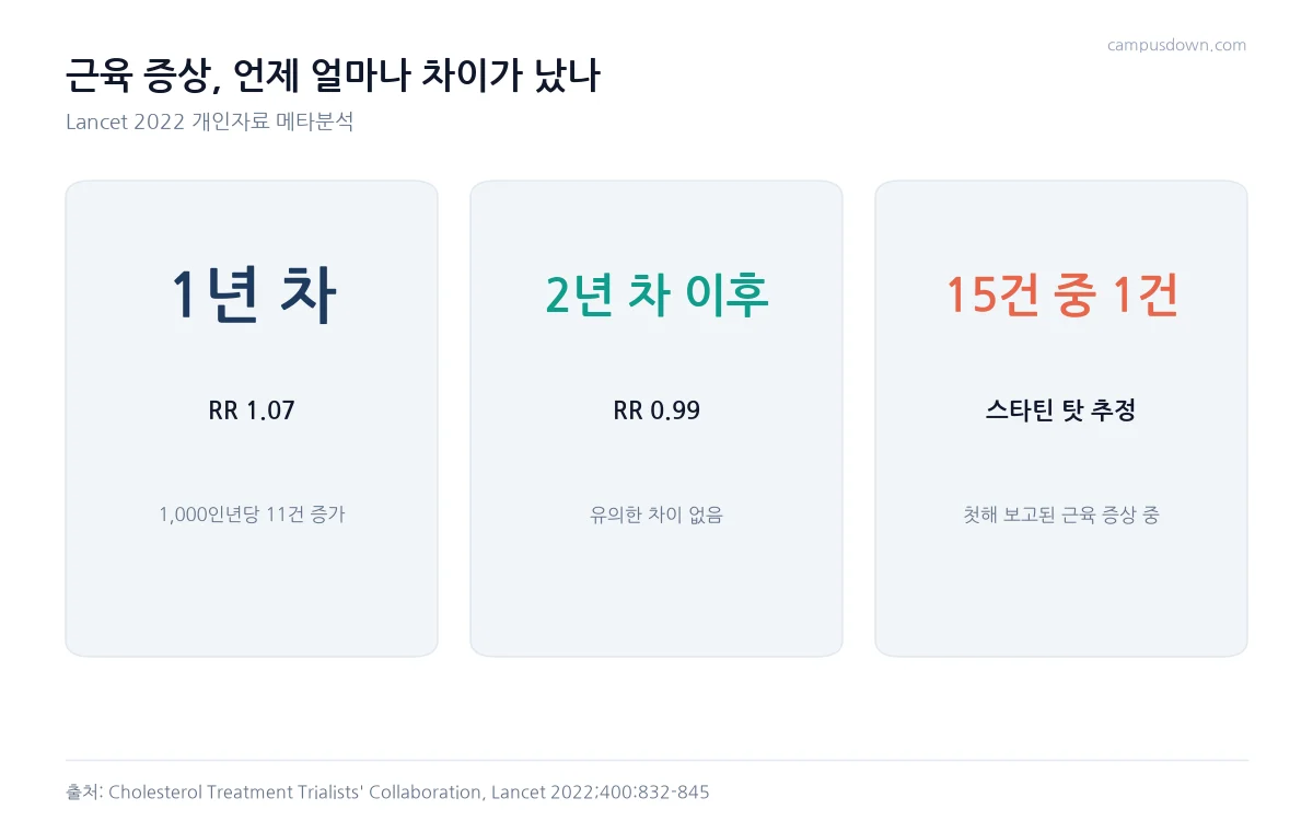 스타틴 근육 증상이 첫해 위험비 1.07, 이후 0.99였고, 보고된 증상 15건 중 1건만 스타틴 때문으로 추정된다는 내용을 정리한 카드