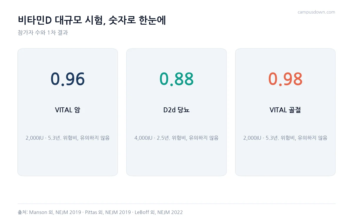 VITAL 암, D2d 당뇨, VITAL 골절 결과의 위험비를 큰 숫자 카드로 정리한 인포그래픽