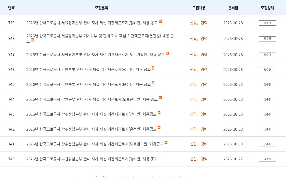 한국도로공사 홈페이지 채용공고 게시판