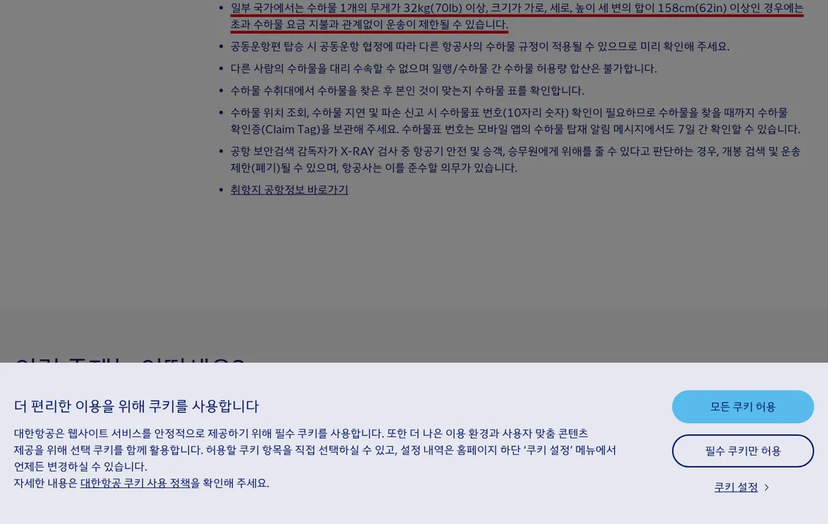 대한항공 국내선 무료 수하물