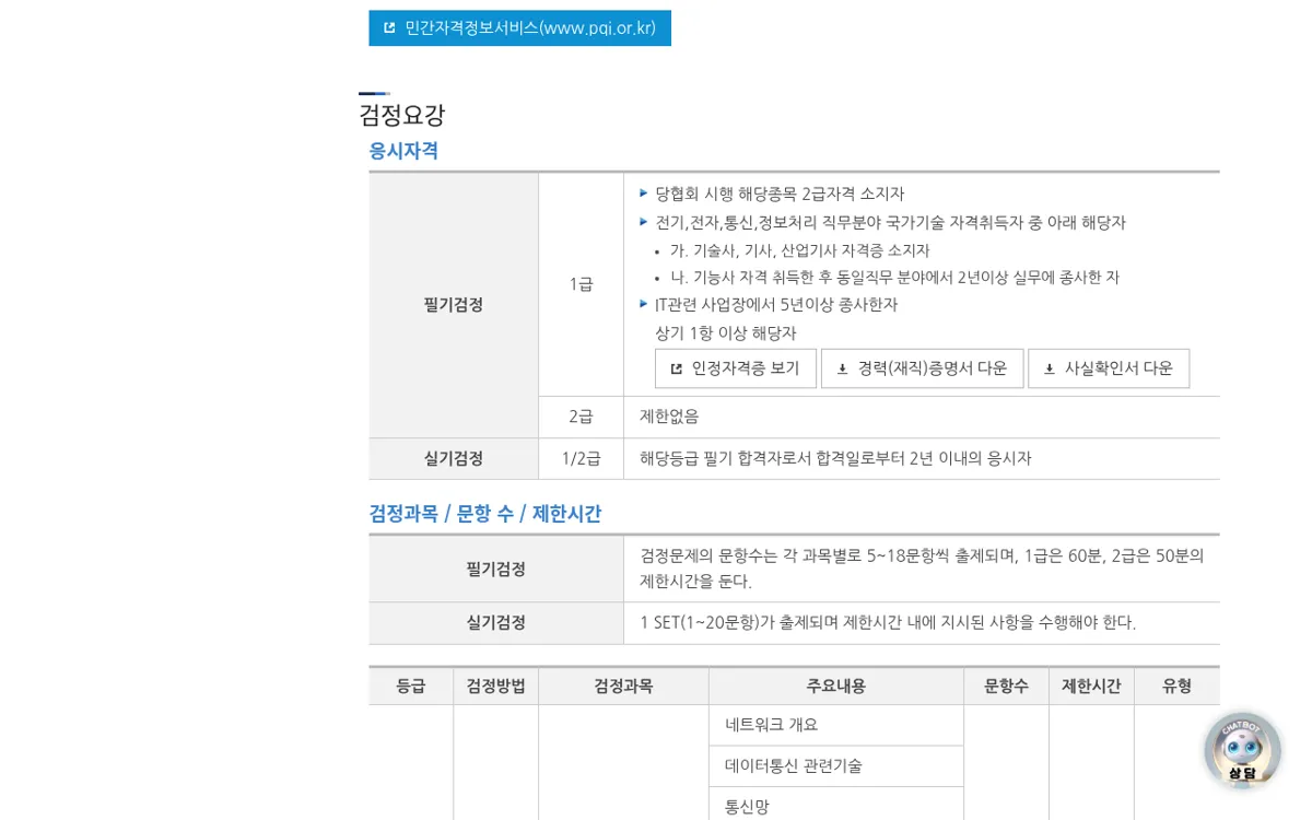 한국정보통신자격협회 네트워크관리사 검정요강