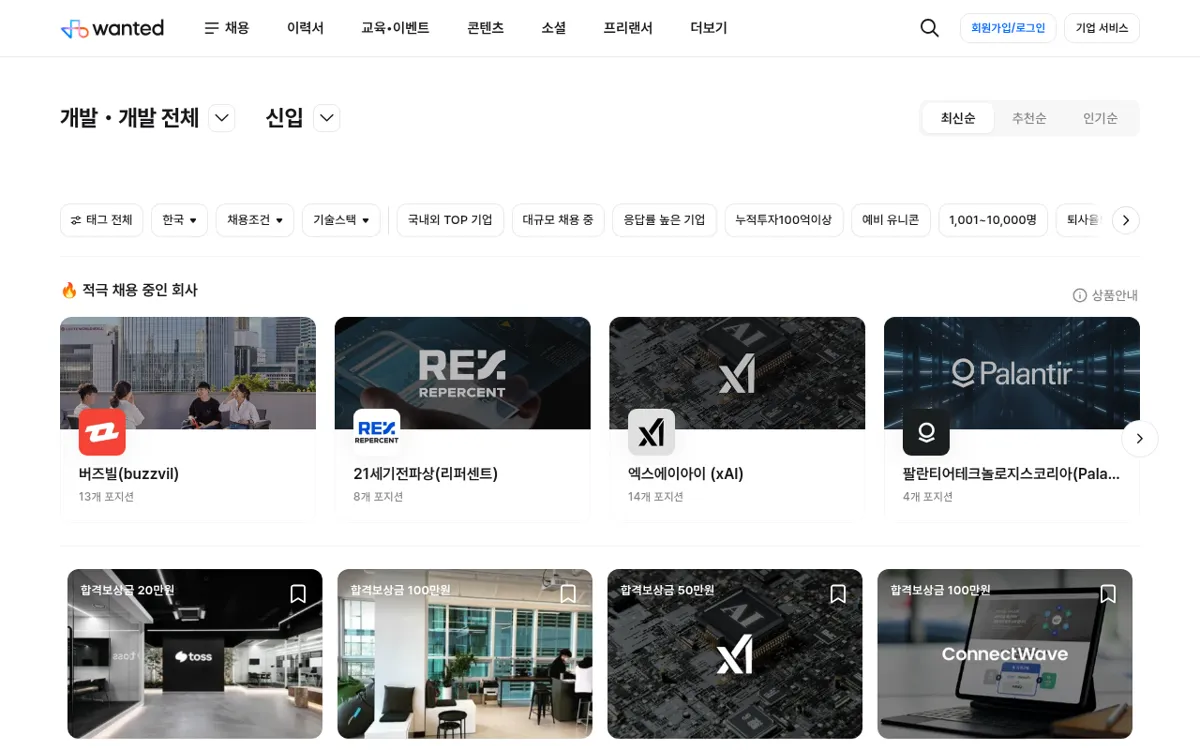 원티드 개발 직군 신입 채용 목록