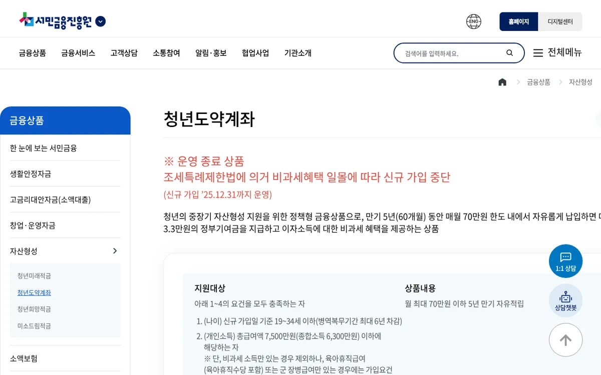 서민금융진흥원 청년도약계좌 운영 종료 안내