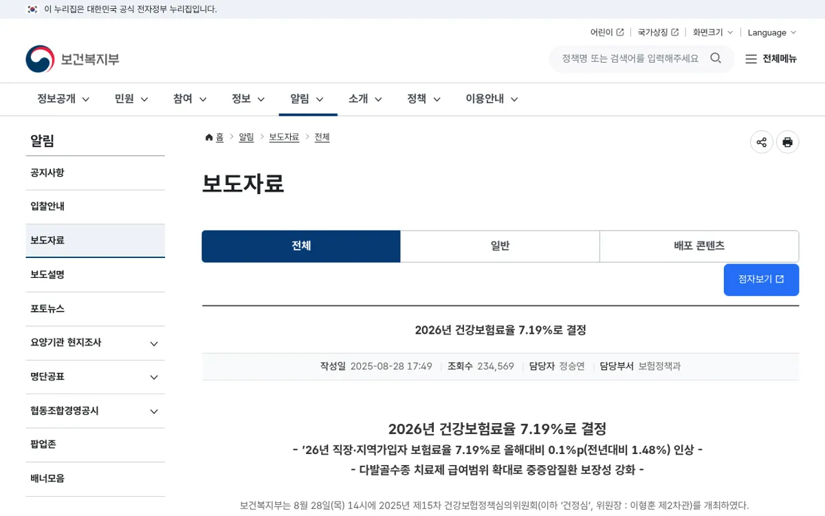보건복지부 2026년 건강보험료율 7.19% 결정 보도자료