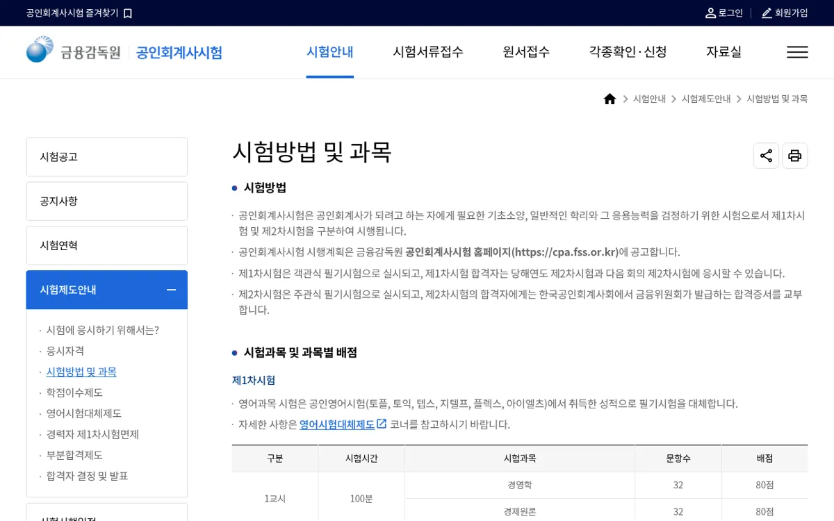 금융감독원 공인회계사시험 시험방법 및 과목