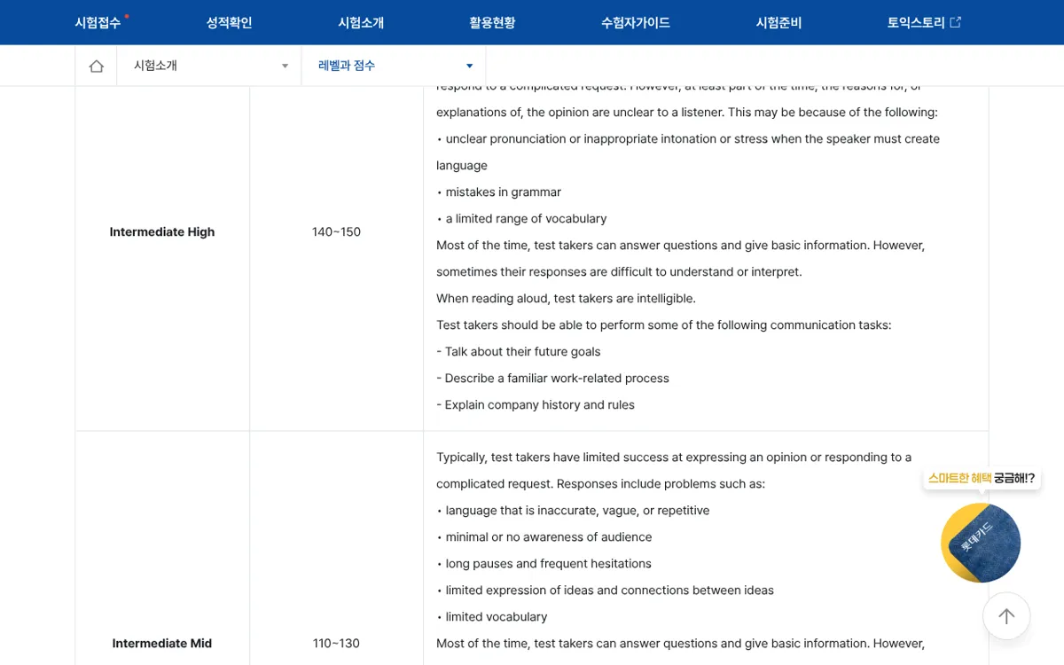 TOEIC Speaking 레벨 표의 Intermediate High 140~150 설명