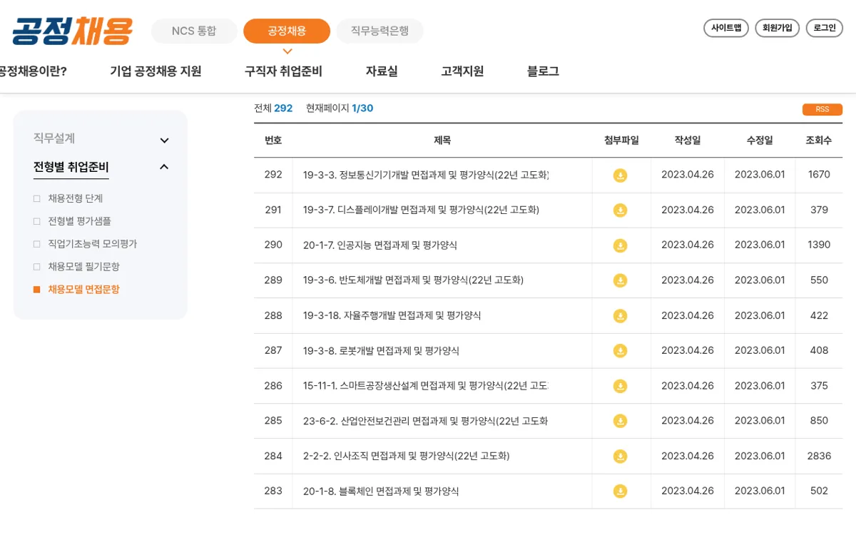 NCS 공정채용 채용모델 면접문항 자료 목록