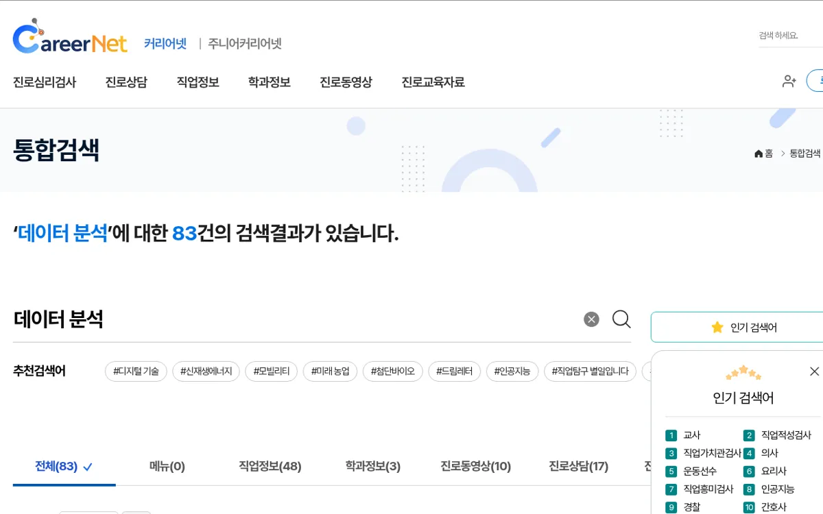 커리어넷 통합검색에서 데이터 분석를 검색한 결과