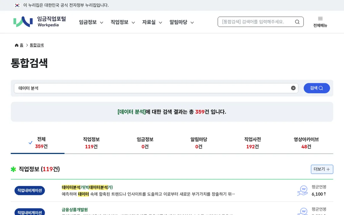 임금직업포털 통합검색에서 데이터 분석를 검색한 결과