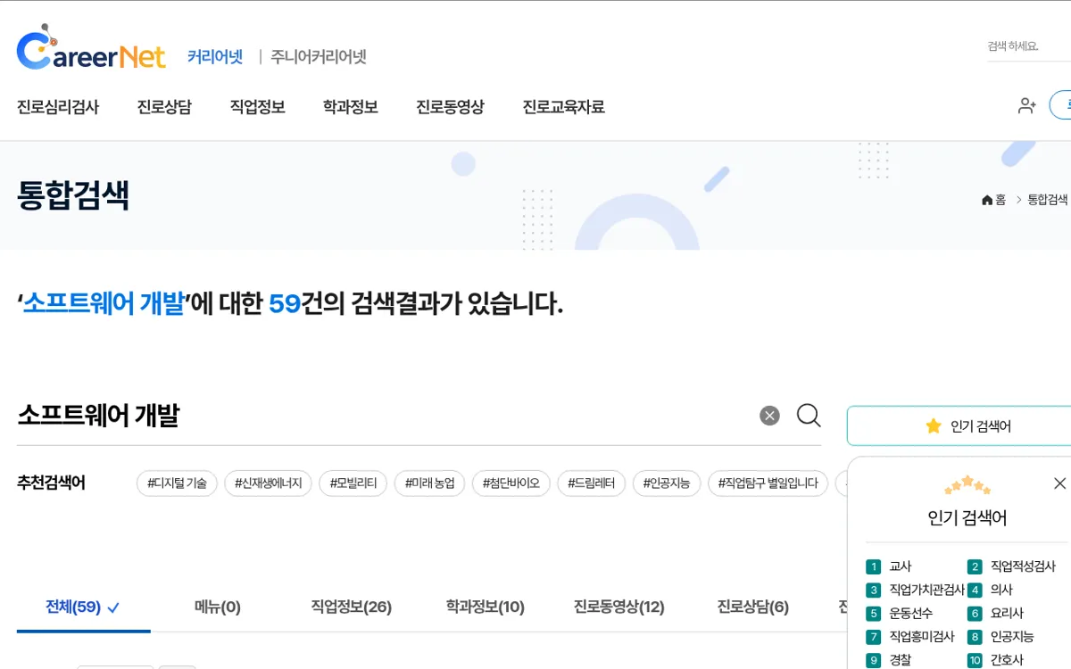 커리어넷 통합검색에서 소프트웨어 개발를 검색한 결과