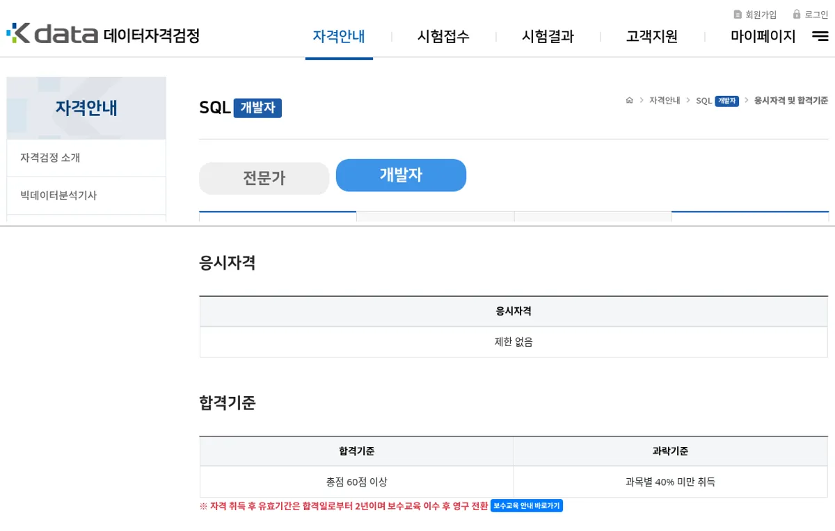 SQLD 응시자격 및 합격기준 화면