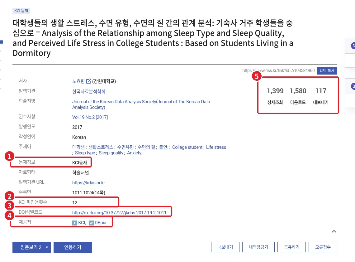 RISS 국내학술논문 상세페이지에서 등재정보, KCI 피인용횟수, DOI 식별코드, 제공처, 상세조회와 다운로드 수를 표시한 화면